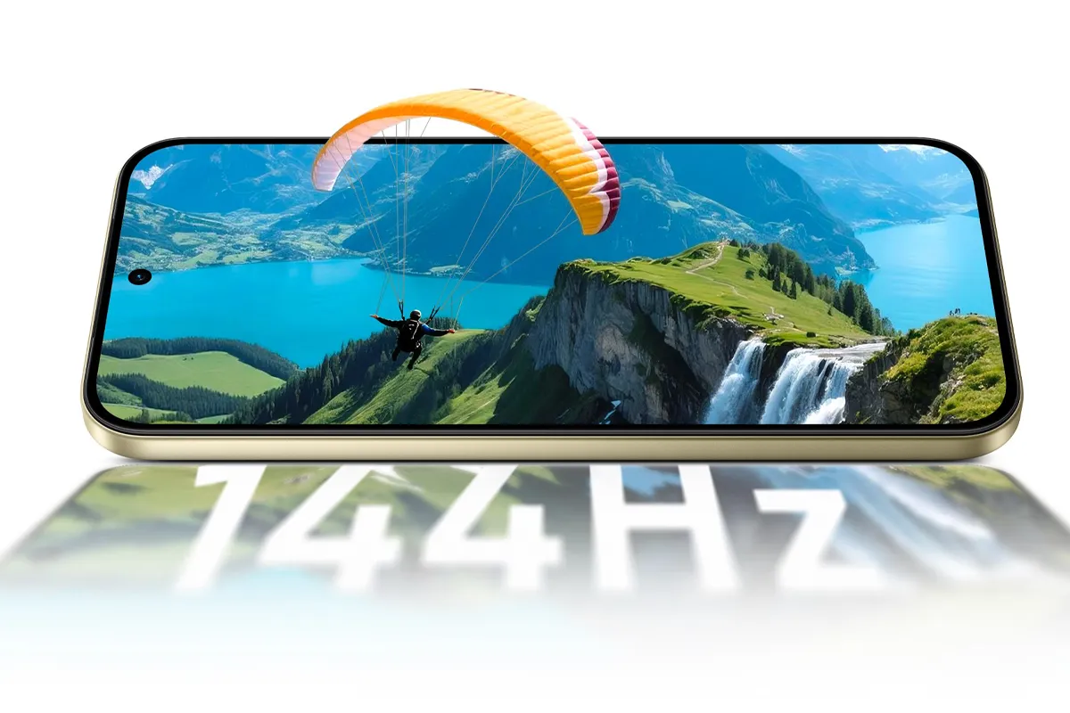 Ekran smartfona realme 16 Pro 5G wyświetlający krajobraz, podkreślona częstotliwość 144 Hz.