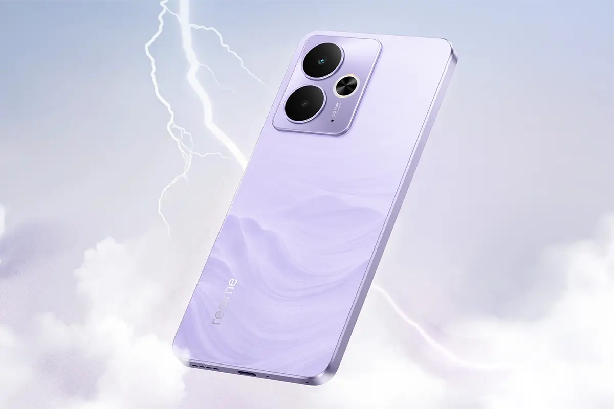 fioletowy telefon na tle błyskawic