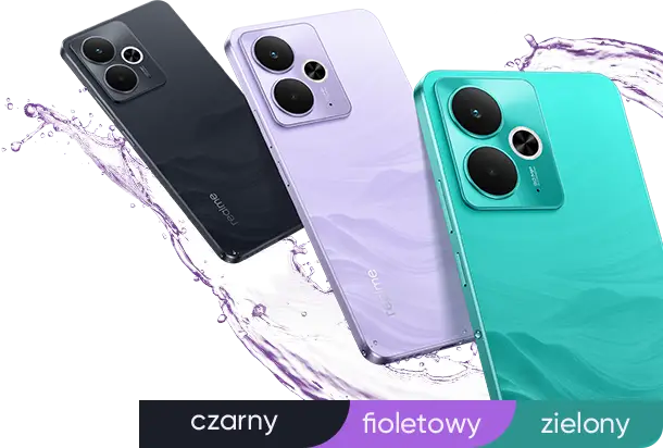 realme 14t w trzech kolorach: czarnym, fioletowym i zielonym