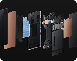 Prezentacja warstw z jakich składa się smartfon z oznaczonymi elementami chłodzenia