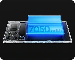 Niebieska bateria w przekroju smartfonu z wartością pojemności 7050 mAh