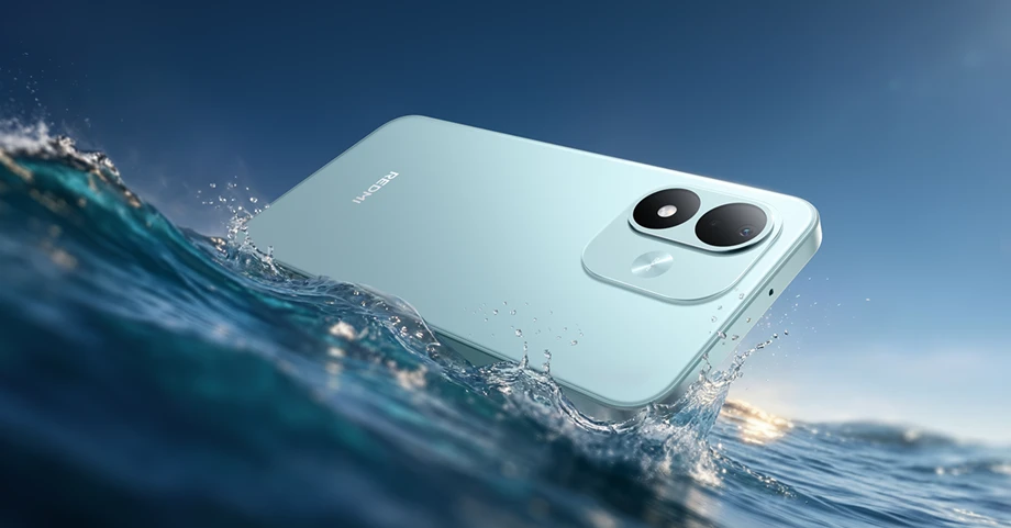 Jasnoniebieski REDMI Note 17 pośród fal i rozprysków wody