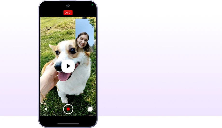 Ekran REDMI Note 17 podczas nagrywania psa z jednoczesnym obrazem z przedniego aparatu