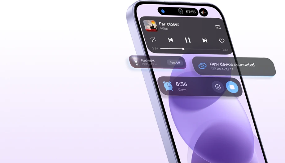 Ekran REDMI Note 17 z panelem multimediów, alarmem, latarką i powiadomieniem o połączonym urządzeniu
