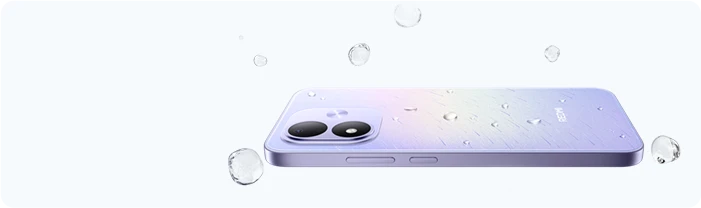 Fioletowy smartfon REDMI Note 17 otoczony kroplami wody, prezentacja odporności na zachlapania