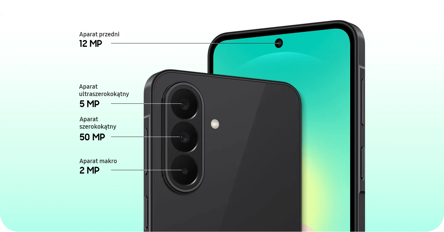 Zbliżenie na tylny potrójny aparat Galaxy A27 5G w czarnym kolorze oraz na przedni aparat. Zbliżenie na tylny potrójny aparat Galaxy A27 5G w czarnym kolorze oraz na przedni aparat.
