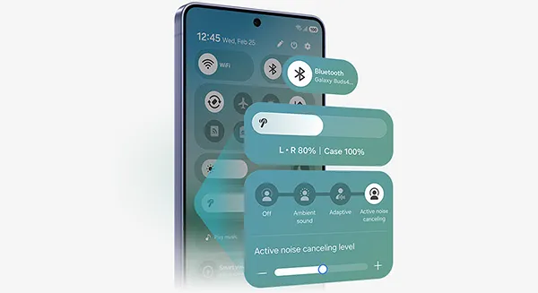 Galaxy z panelem szybkiego dostępu One UI 8.5; widać Bluetooth, głośność i redukcję szumów. Galaxy z panelem szybkiego dostępu One UI 8.5; widać Bluetooth, głośność i redukcję szumów.