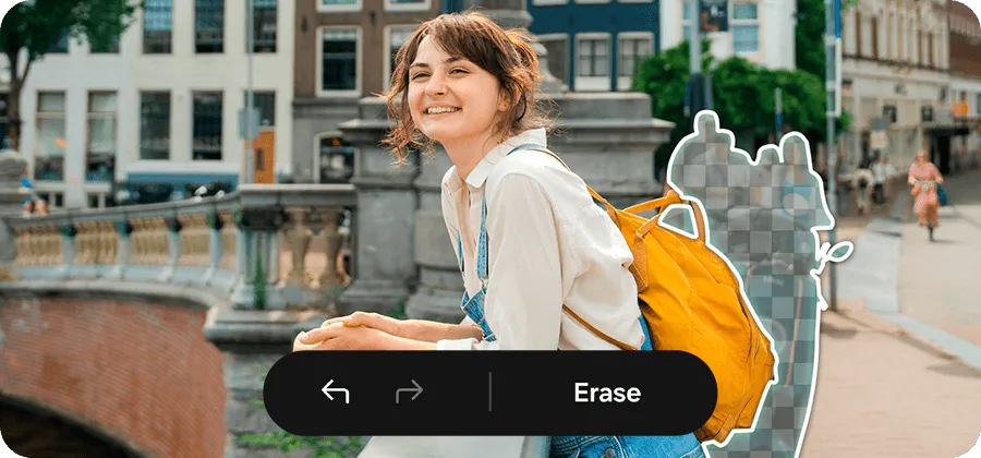 Młoda kobieta na moście nad rzeką; niechciane osoby i obiekty usunięte funkcją Object Eraser w Galaxy A37 5G. Młoda kobieta na moście nad rzeką; niechciane osoby i obiekty usunięte funkcją Object Eraser w Galaxy A37 5G.