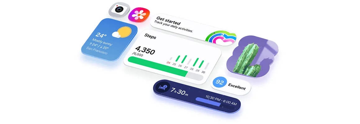 Ikony i widżety One UI 8.5 ułożone w siatce, podkreślając przejrzysty i intuicyjny interfejs. Ikony i widżety One UI 8.5 ułożone w siatce, podkreślając przejrzysty i intuicyjny interfejs.