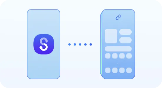 Smartfon z ikoną Smart Switch przesyła dane do innego telefonu, pokazując wiele warstw informacji na ekranie. Smartfon z ikoną Smart Switch przesyła dane do innego telefonu, pokazując wiele warstw informacji na ekranie.