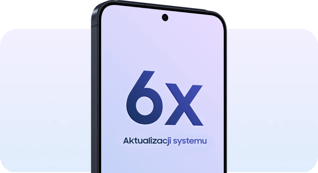 Galaxy A57 5G w granatowym kolorze, z przodu; na ekranie napis: „6x ulepszenia systemu operacyjnego”