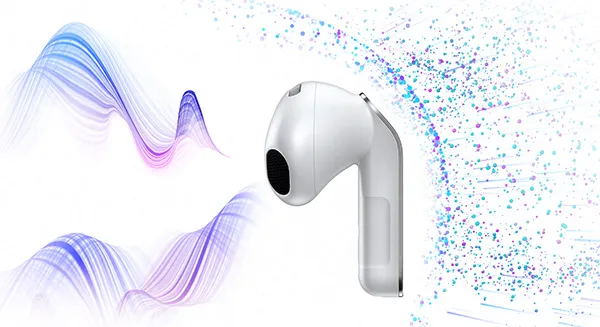 Biała słuchawka Galaxy Buds4; linie wchodzą z lewej, a oddzielone kropki po prawej pokazują ANC.