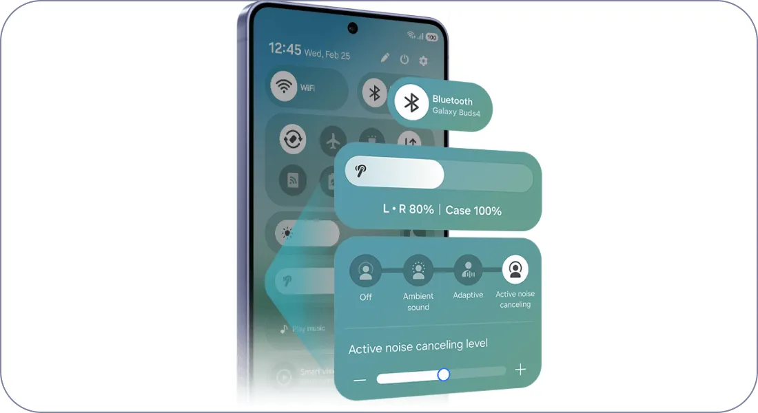 Galaxy z panelem szybkiego dostępu One UI 8.5; widać Bluetooth, głośność i redukcję szumów.