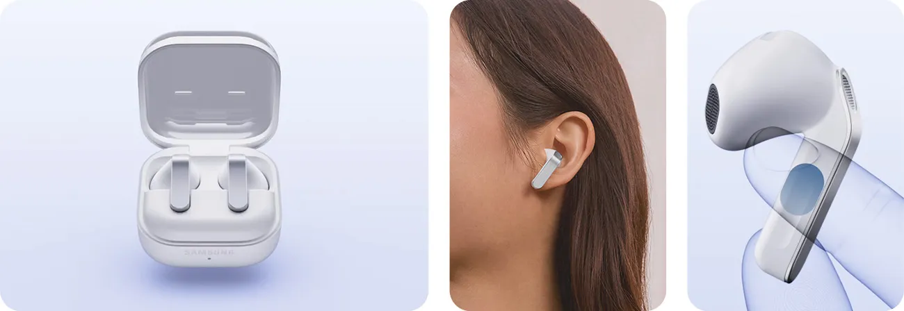 łuchawki Samsung Galaxy Buds w etui, na uchu oraz zbliżenie na słuchawkę z funkcją dotykową.