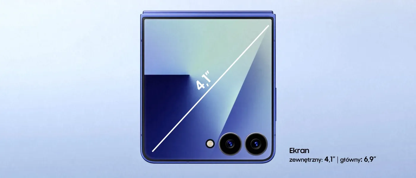 Wiązka światła tworzy zarys rozłożonego Galaxy Z Flip7. Urządzenie składa się, ukazując ekran zewnętrzny. W miarę obracania się urządzenia, jego całkowity rozmiar ekranu zwiększa się.