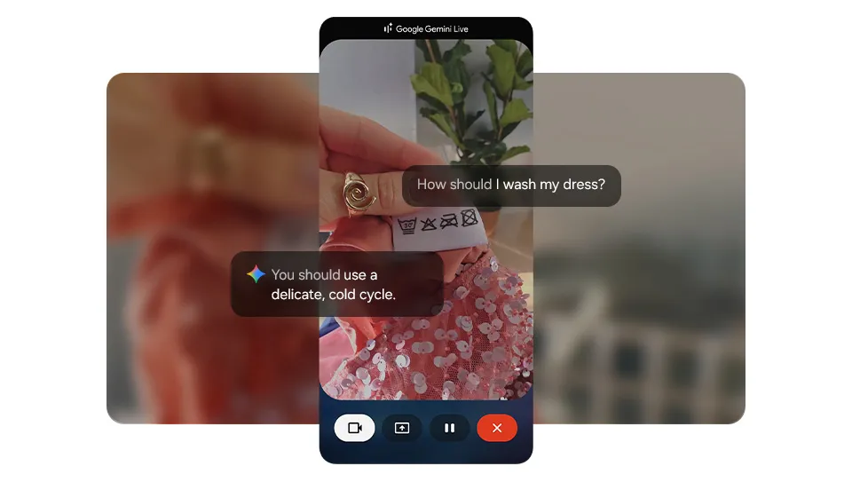 Na ekranie widać aktywną funkcję Google Gemini Live. Użytkownik szuka rady dotyczącej prania sukienki.