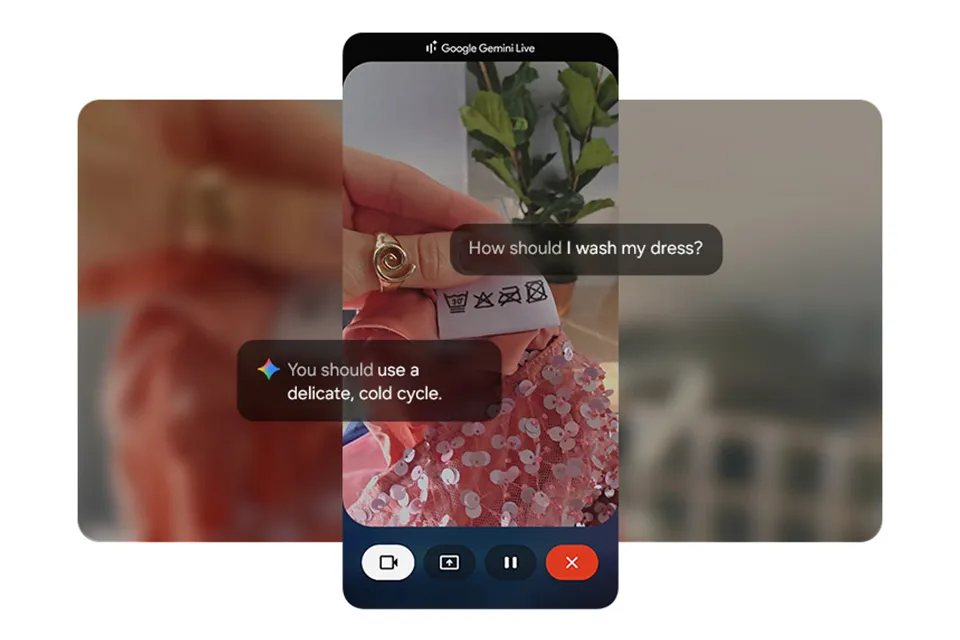 Google Gemini Live jest aktywny, a użytkownik szuka porady dotyczącej prania swojej sukienki. Przez kamerę ekran pokazuje etykietę pielęgnacyjną, podświetlając symbole prania.