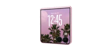 Galaxy Z Flip8 z ekranem FlexWindow większym o 0,7 cala, pokazującym godzinę i tapetę z palmami. Galaxy Z Flip8 z ekranem FlexWindow większym o 0,7 cala, pokazującym godzinę i tapetę z palmami.