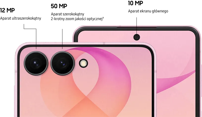 Przednie i tylne aparaty różowego Galaxy Z Flip8 pokazane w zbliżeniu. Przednie i tylne aparaty różowego Galaxy Z Flip8 pokazane w zbliżeniu.
