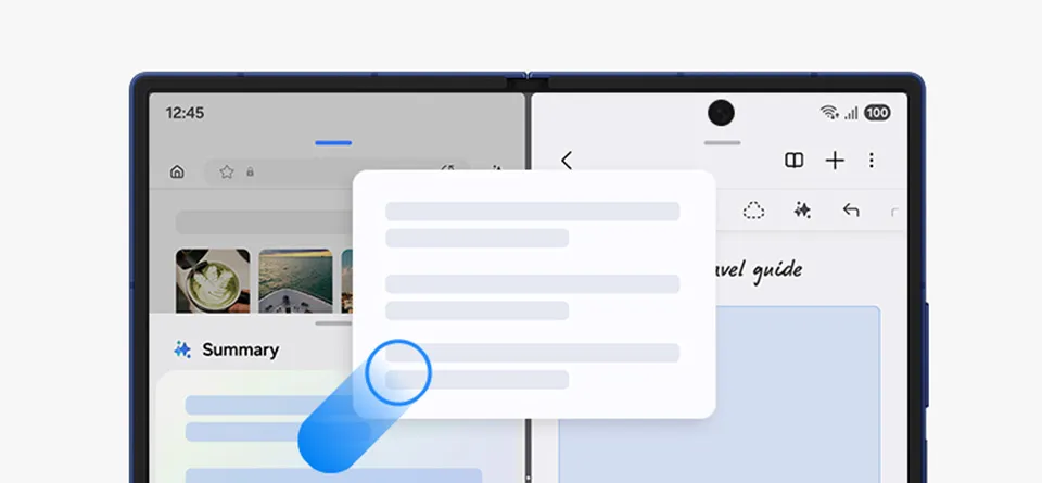 Galaxy AI generuje podsumowanie strony internetowej na ekranie zewnętrznym Galaxy Z Fold7. Galaxy AI generuje podsumowanie strony internetowej na ekranie zewnętrznym Galaxy Z Fold7.