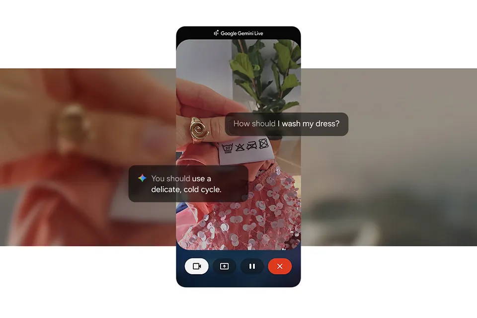 Na ekranie widać aktywną funkcję Google Gemini Live. Użytkownik szuka rady dotyczącej prania sukienki. Na ekranie widać aktywną funkcję Google Gemini Live. Użytkownik szuka rady dotyczącej prania sukienki.