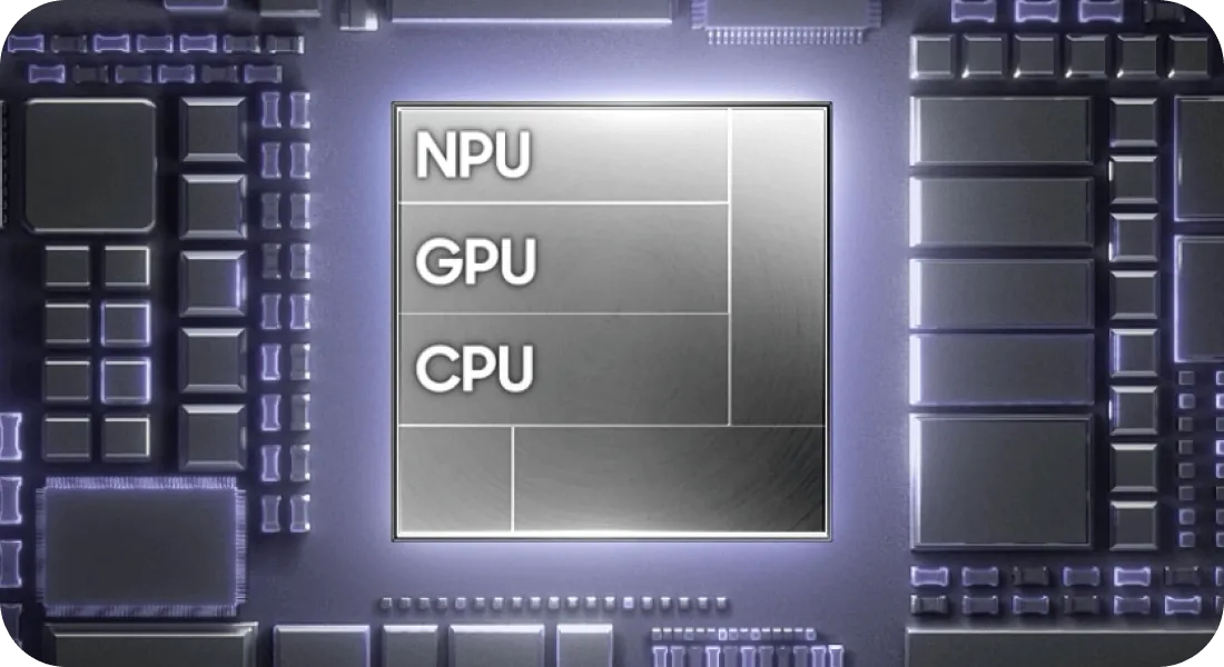 Procesor Galaxy Z Fold8 z modułami NPU, GPU i CPU.