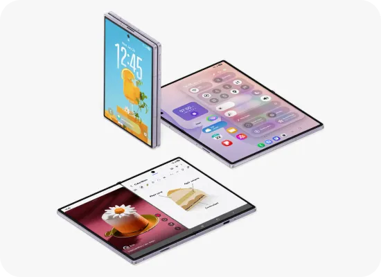 Galaxy Z Fold8 w trzech pozycjach, z widokiem aplikacji i wielozadaniowości.