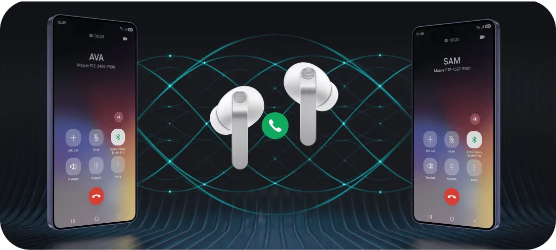 Galaxy Buds 4 Pro między dwoma telefonami podczas połączeń głosowych.