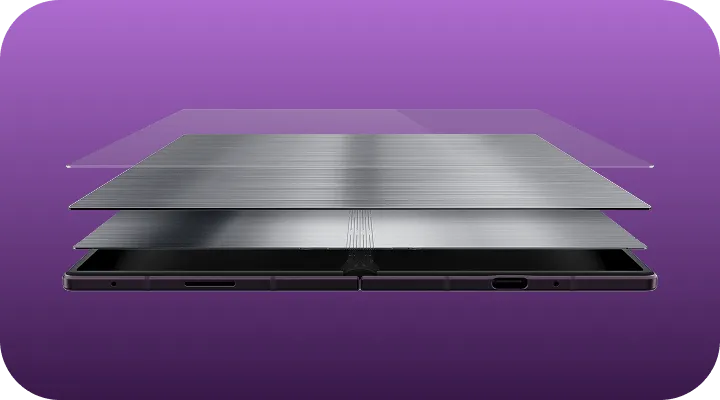 Warstwowa konstrukcja składanego ekranu Galaxy Z Fold8 Ultra. Warstwowa konstrukcja składanego ekranu Galaxy Z Fold8 Ultra.