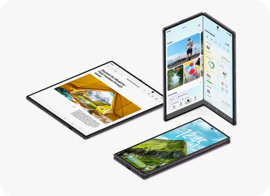 Galaxy Z Fold8 Ultra w trzech pozycjach: rozłożonej, częściowo złożonej i zamkniętej. Galaxy Z Fold8 Ultra w trzech pozycjach: rozłożonej, częściowo złożonej i zamkniętej.