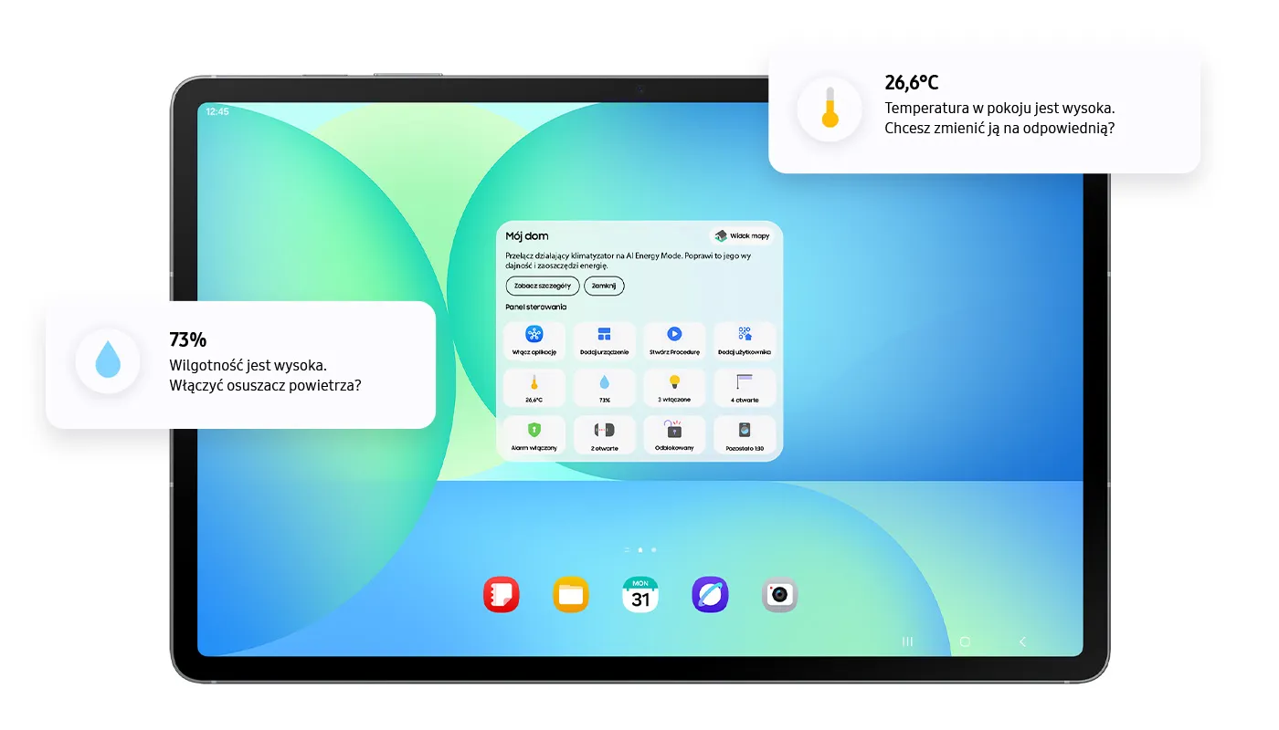 Widżet Home Insight wyświetlany na ekranie głównym serii Galaxy Tab S10 FE z różnymi ikonami na pulpicie i sugestiami AI dotyczącymi temperatury i wilgotności.