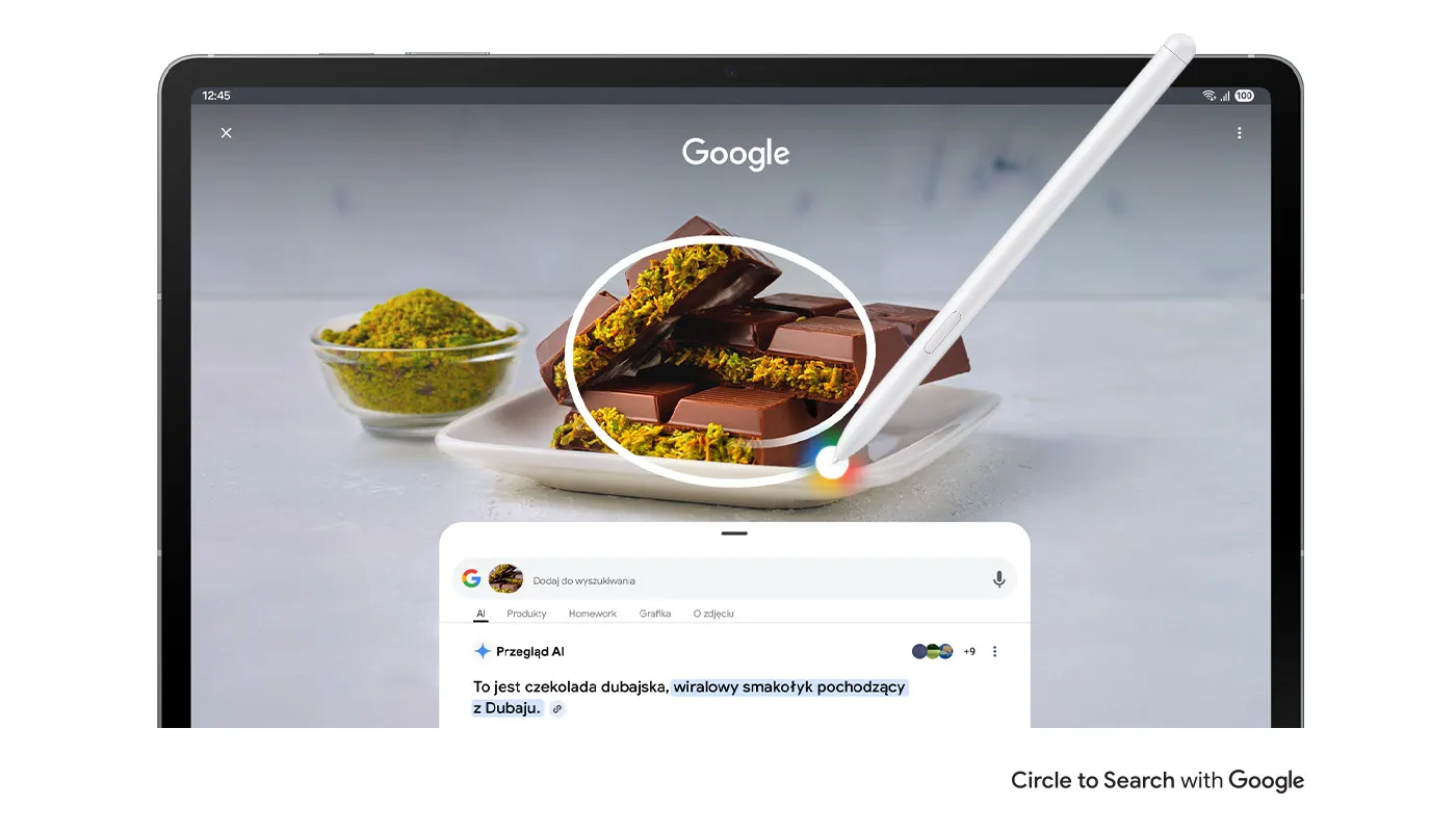 Circle to Search with Google używanym na ekranie z rysikiem S Pen na obrazie Modrosójka błękitna. Wyniki wyszukiwania Google pokazują szczegóły dotyczące obrazu. Circle to Search with Google wyświetlone z logo Google.