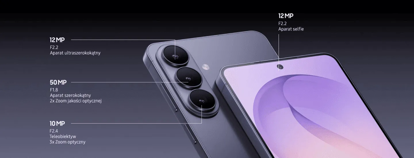 Moduł aparatów telefonu z oznaczeniami 12 MP, 50 MP i 10 MP.