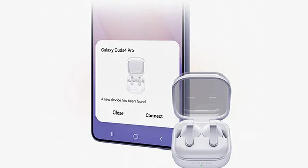 Galaxy z oknem „Nowe urządzenie”; po prawej Buds4 Pro w otwartym etui, gotowe do szybkiego połączenia.