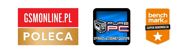 Loga nagród GSMonline, PurePC i Benchmark – polecane produkty i innowacja.