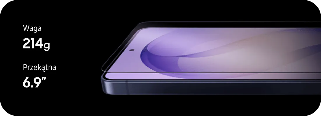 Zbliżenie na ekran Galaxy S26 Ultra 6,9″ z podaną wagą 214 g.