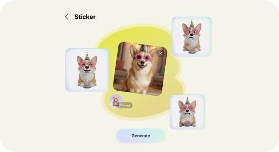 Ekran tworzenia naklejek ze zdjęcia psa w czapce urodzinowej.