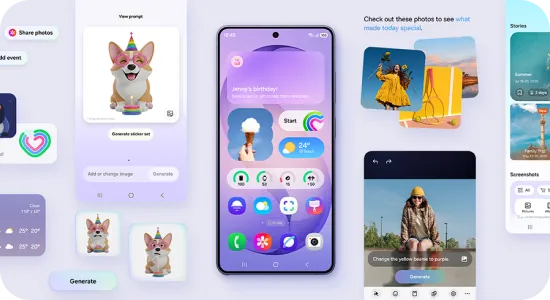 Ekran smartfona Galaxy z widżetami i funkcjami AI do edycji zdjęć.