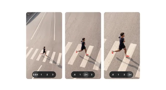 Trzy ujęcia biegnącej osoby pokazują różne poziomy zoomu aparatu: 0,6x, 2x i 3x.