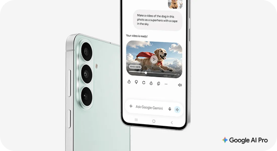 Smartfon Galaxy z Google Gemini tworzącym film z psa jako superbohatera; obok logo Google AI Pro.