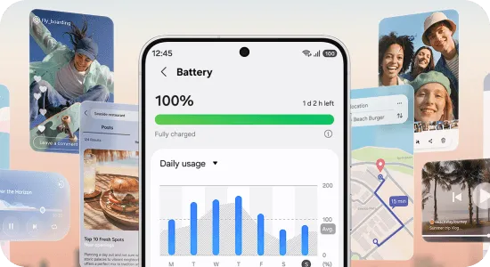 Ekran Galaxy pokazuje baterię naładowaną do 100% i wykres zużycia energii.