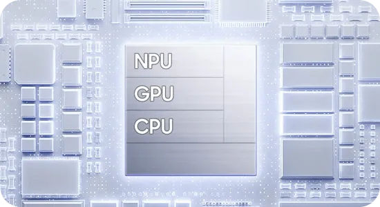 Grafika procesora Galaxy z wyróżnionymi modułami NPU, GPU i CPU.