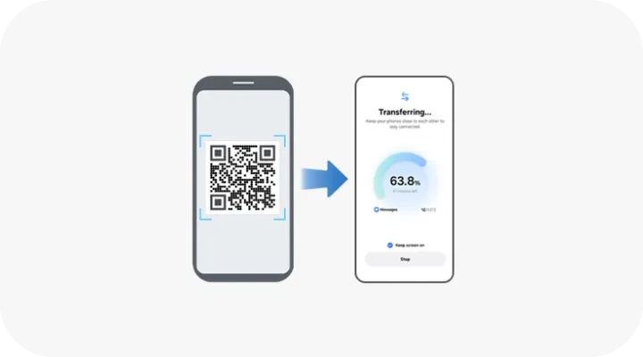 Grafika pokazuje transfer danych między smartfonami po zeskanowaniu kodu QR.