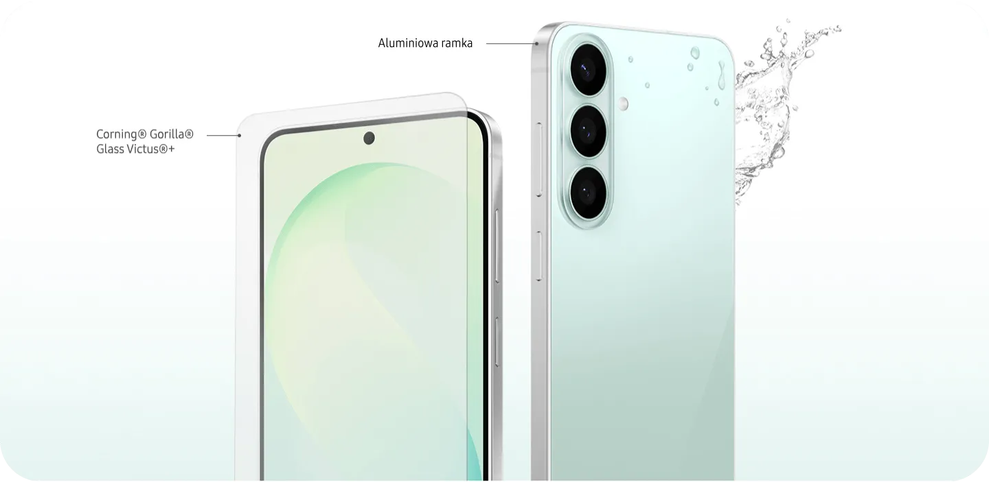 Galaxy w jasnej obudowie z aluminiową ramką, szkłem Gorilla Glass Victus+ i potrójnym aparatem.
