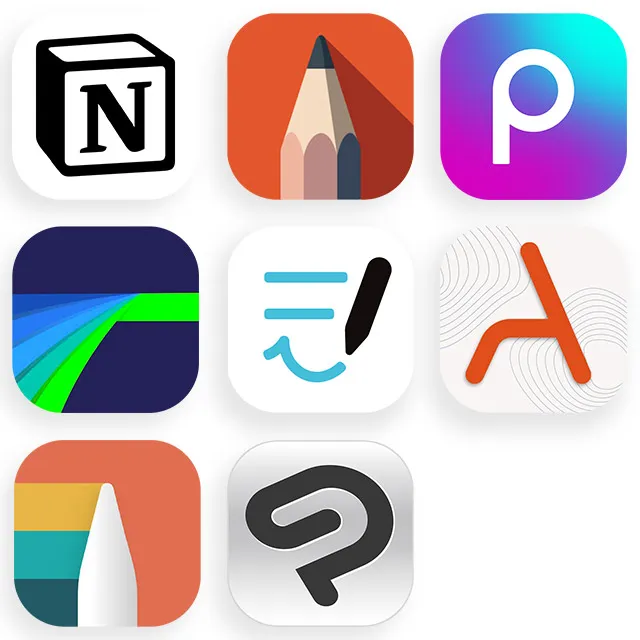 Ikony aplikacji Notion, Sketchbook, Picsart, LumaFusion, Goodnotes, ArcSite, Noteshelf 3 i Clip Studio Paint.