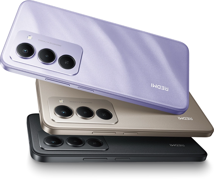 Trzy smartfony Redmi 15 w różnych kolorach