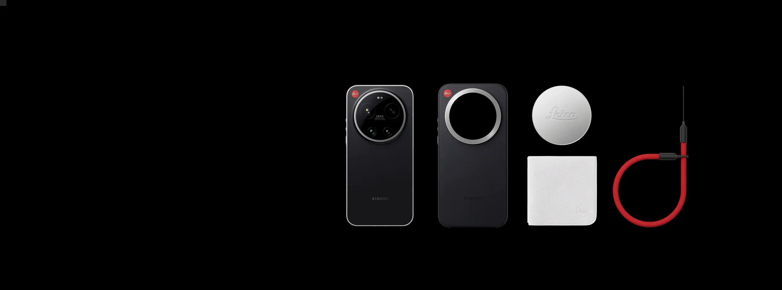 Zestaw smartfona Xiaomi z akcesoriami Leica: dekielkiem obiektywu, etui i paskiem