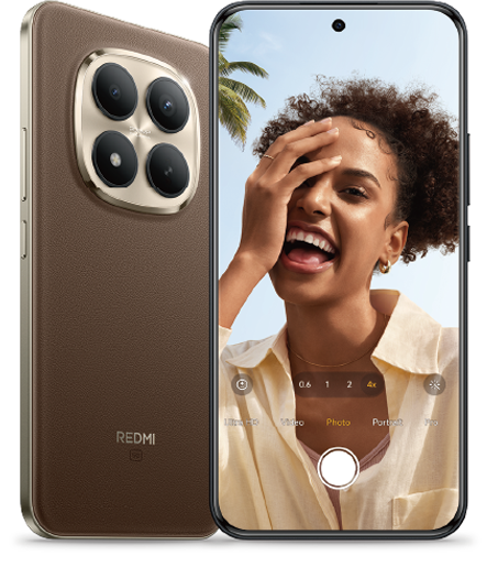 smartfon Redmi Note 15 Pro pokazany z przodu i z tyłu z uśmiechniętą dziewczyną na ekranie