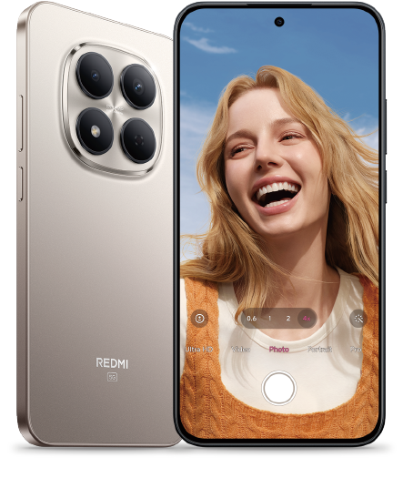 smartfon Redmi Note 15 Pro pokazany z przodu i z tyłu z uśmiechniętą dziewczyną na ekranie