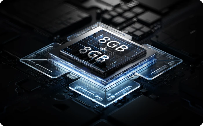 Grafika przedstawiająca konfigurację pamięci 8 GB + 8 GB w smartfonie REDMI